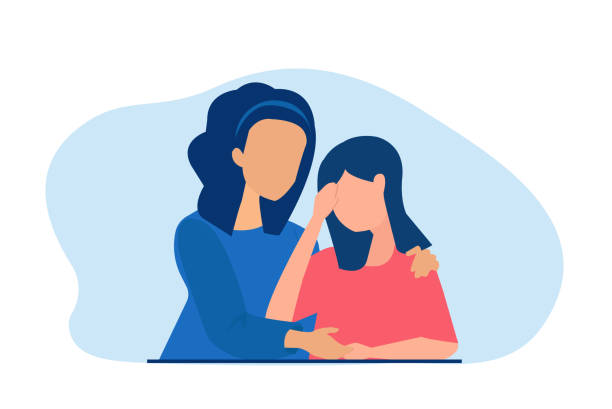 Vector of a mother supports her crying teenage daughter.